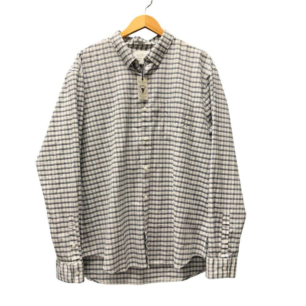 Lucky Brand Button Down Shirt Mens XXL Saturday Stretch White Blue Plaid NEW